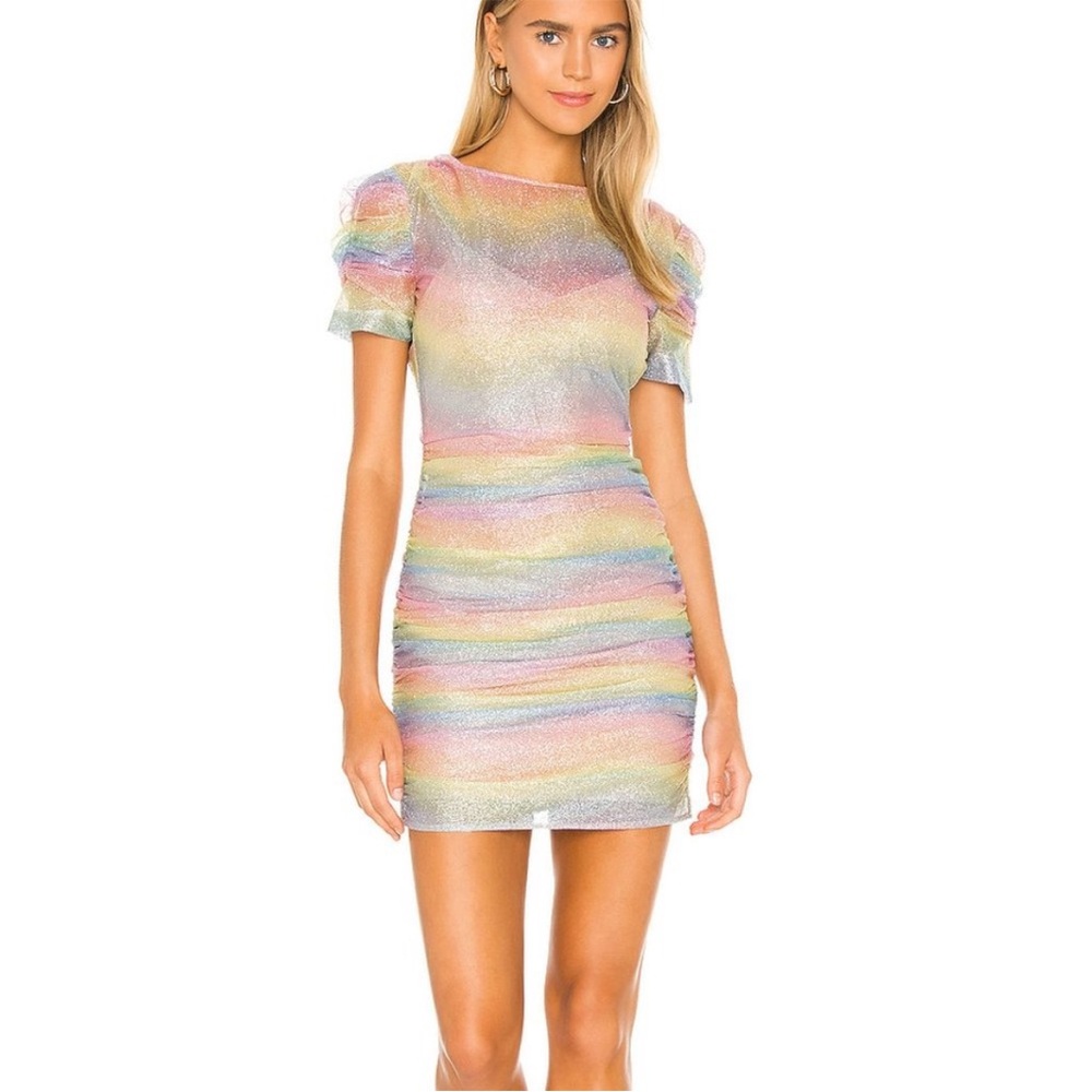 NBD Skyla Mini Dress Pastel Rainbow Glitter Sparkle Puff Sleeve Open Back S